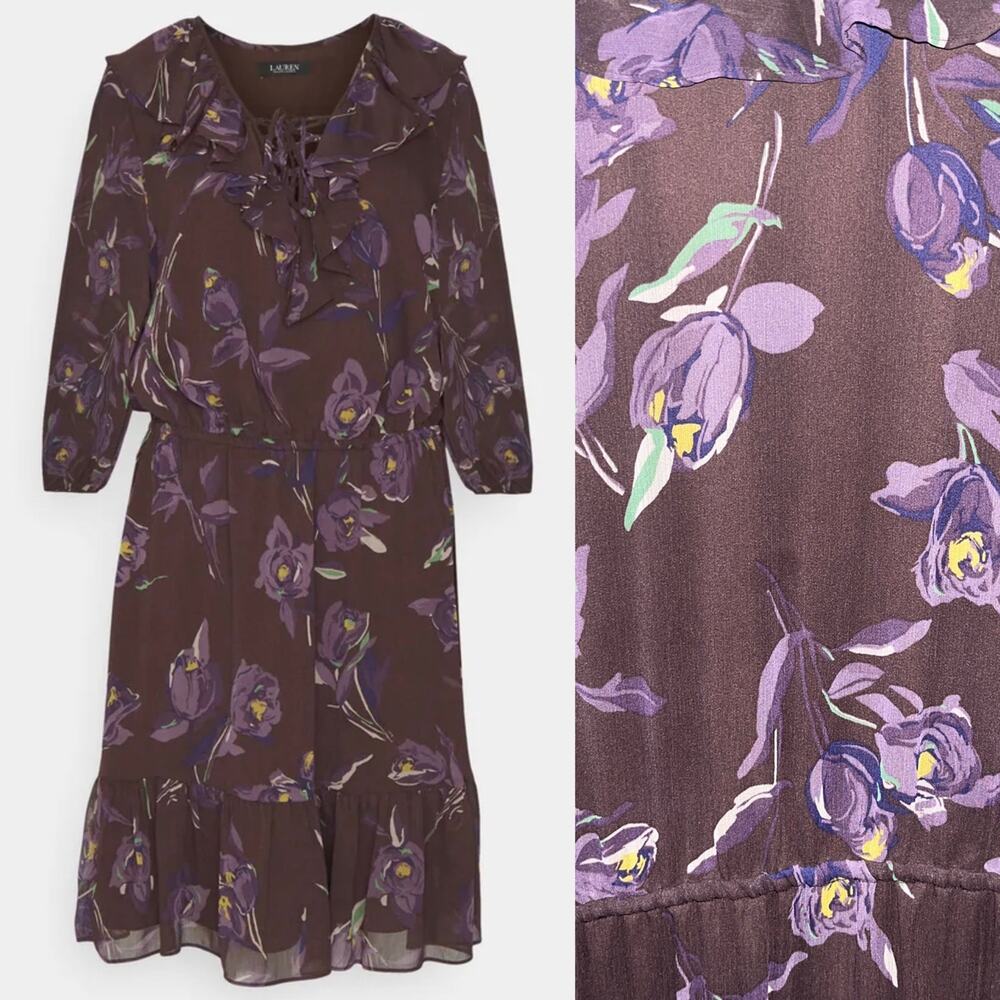 Ralph Lauren Hilbera Long Sleeve Day Dress Size 14 Brown Purple Floral (0912)